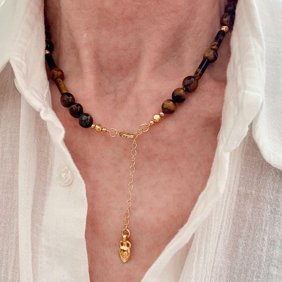 Tigers eye gemstone bead necklace with gold amphora charm