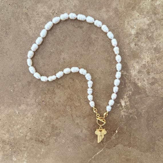 Freshwater pearl necklace with Greek gold column charm