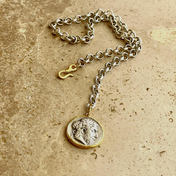 Multiway chunky chain necklace with Greek coin medallion