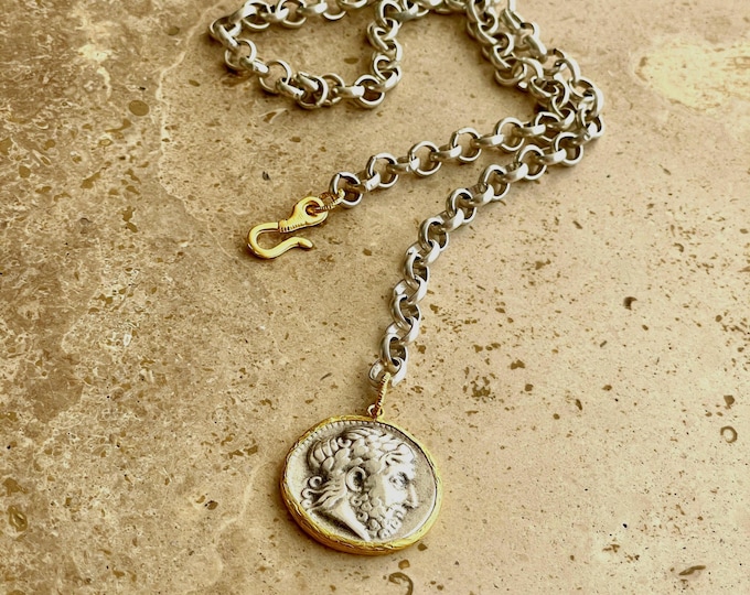 Multiway chunky chain necklace with Greek coin medallion