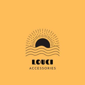 May include: A logo on an orange background features a black sun setting over wavy lines, with radiating lines above. The word "LOUCI" is in bold, black letters, and "ACCESSORIES" is below it.