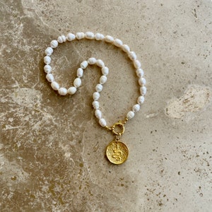 Multi way pearl necklace with snake medallion pendant image 4