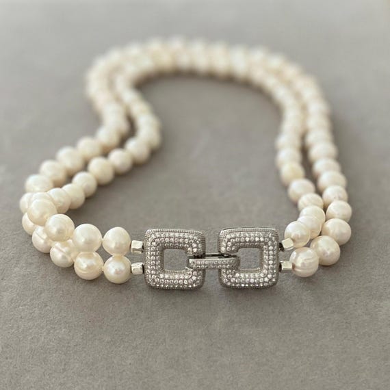Hand knotted double row pearl choker with statement clasp