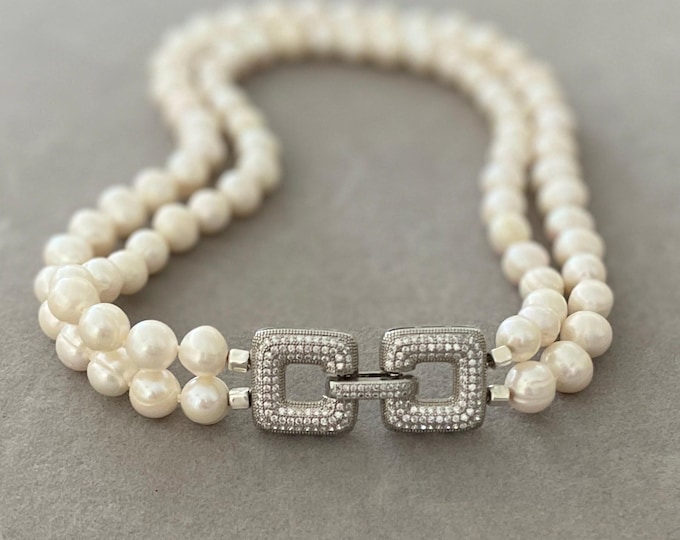Hand knotted double row pearl choker with statement clasp
