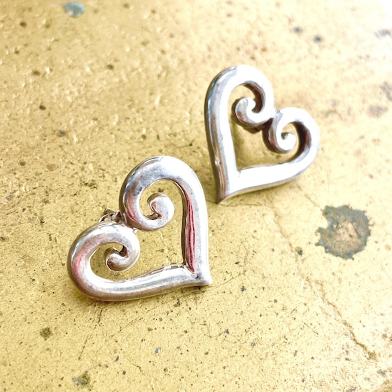 Statement silver heart stud earrings, vintage 80s jewellery