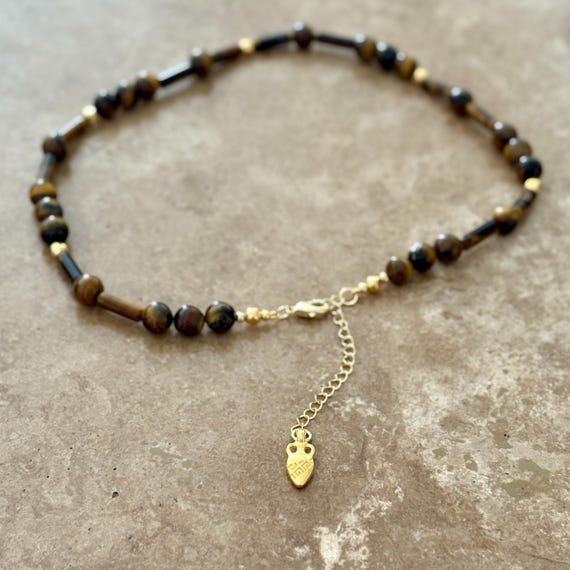 Adjustable tigers eye mixed bead gemstone necklace with mini gold amphora jar charm