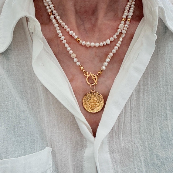 Freshwater Pearl Wrap Necklace with Snake Medallion Pendant