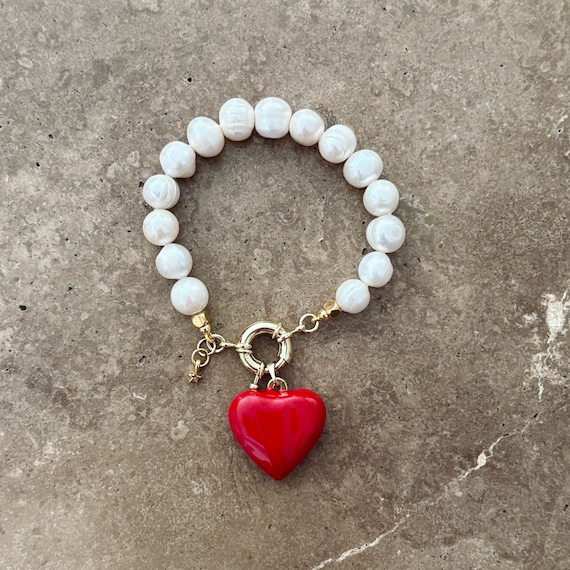 Freshwater Pearl Charm Bracelet with Statement Red Heart