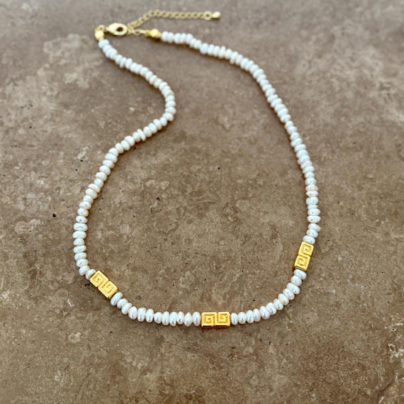 Greek key pearl necklace