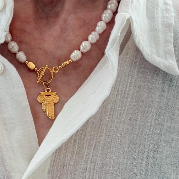Pearl beaded necklace with Ancient Greek column pendant