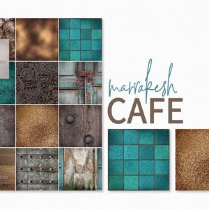 Marrakesh Cafe Textures - Bruin turkoois gekleurde texturen - Koper texturen - Verweerde deur achtergronden - Turquoise mozaïeken - Blokprint
