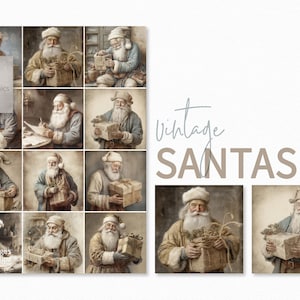 Papá Noel Vintage III – Retratos antiguos de Papá Noel – Ilustraciones navideñas rústicas – Papá Noel tradicional – Papá Noel festivo de tonos suaves