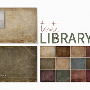 May include: Digital background images with a vintage, textured aesthetic. The image features a variety of colours, including beige, brown, and green, with the text "trinity LIBRARY" and "riley b graphics". The image also includes the dimensions 6000 x 4500px and 300ppi.