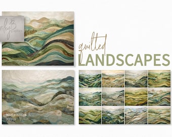 Quilted Landscapes - Wavy Stitched Hills and Rolling Countryside Views - Layered Textile Inspired Terrain in Green and Neutral Tones