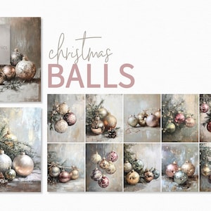 Kerstballen – Vintage glazen ornamentillustraties – Oudroze goud en groen vakantiedecor – Feestelijke boomtaferelen met dennentakken