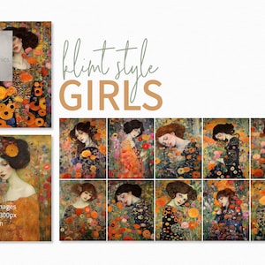 Pinturas de meninas no estilo Klimt - Flores abstratas - Arte de meninas brilhantes - Pinturas de meninas florais coloridas brilhantes - Arte no estilo Gustav Klimt