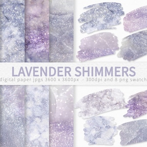 May include: Set of 8 digital paper backgrounds and 8 PNG swatches featuring a lavender and silver shimmer effect. The papers are 3600 x 3600 pixels and 300 dpi.