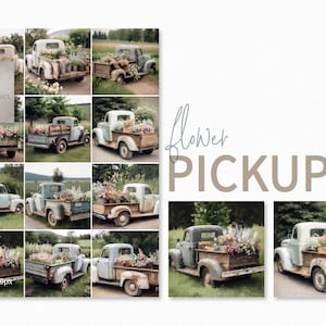 Blumen-Pickups - Rustikale Bauernwagen mit Blüten - Vintage Fahrzeuge vom Land - Verwitterte Pastelle auf grünen Feldern - Wildblumen-LKW-Betten
