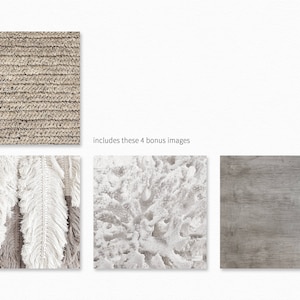 Puede incluir: Cuatro muestras de textura diferentes: una tela marr&oacute;n tejida, una tela blanca esponjosa con flecos, una tela blanca texturizada y una veta de madera gris.