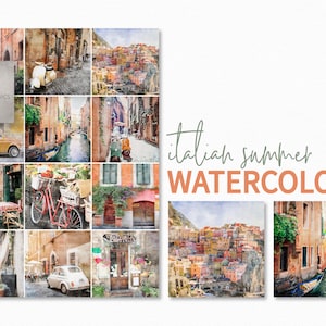 Italian Summer Watercolors – Colorful Mediterranean Street Art – Coastal Italy Village Prints – Vintage Vespa Illustration Set – Sunny Italy
