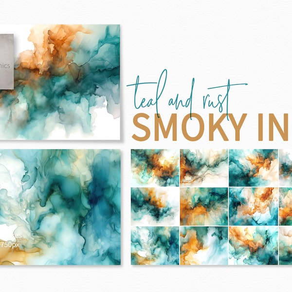 Teal and Rust Smoky Ink Textures - Shades of Teal and Copper Textured Backgrounds - Teal and Rust Alcohol Ink Effect Backgrounds