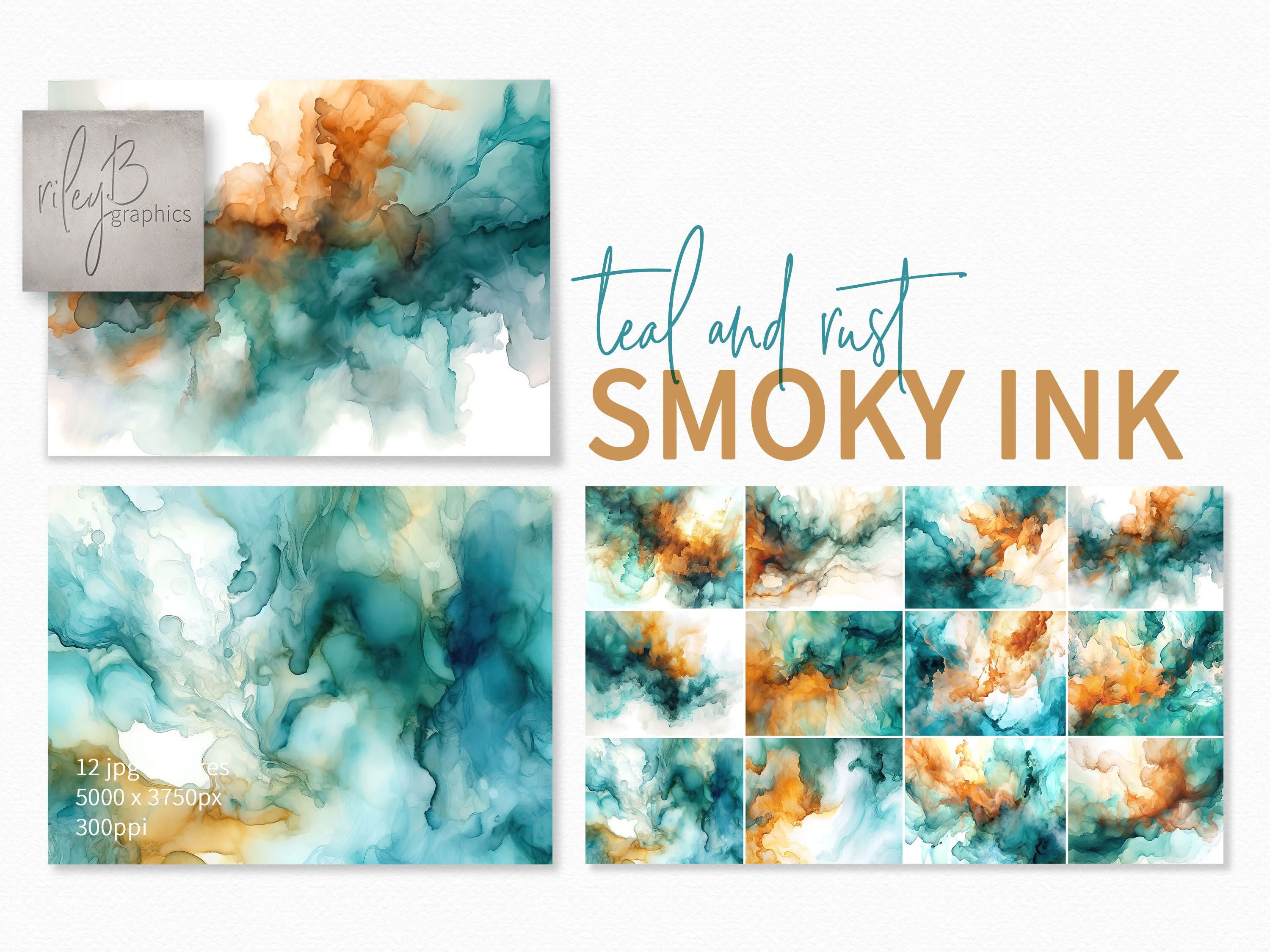Tinta esfumaçada azul-petróleo e ferrugem – Nuvens fluidas abstratas em turquesa e cobre – Fundos com efeito de tinta alcoólica azul-petróleo e ferrugem - Swirling Abstracts