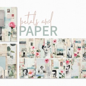 Bloemblaadjes en papier – Vintage portretcollage – Zachtroze planten – Vervaagde kortstondige lagen – Subtiele groenblauwe wassingen – Zachte fototexturen