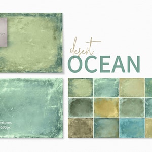 Op de afbeelding: Digitale kunsttexturen in tinten groen, blauw en bruin, met een distressed, vintage esthetiek. De afbeelding bevat de tekst "desert OCEAN" en "riley B graphics". Er zijn 12 texturen, 6000 x 4500 pixels bij 300 ppi.