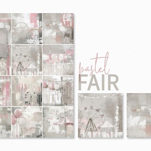 Pastel Fair - Grungy Fair-collages in roze, grijze en witte tinten - Mixed media met verftextuur carnavalsthema - rustieke eerlijke kunst