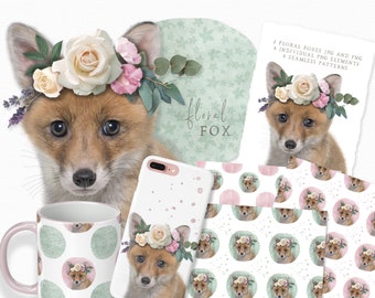 Baby Fox Clipart - Fox with flowers - Baby animal with floral crown - Baby animal nursery - Sublimation Baby Fox - Floral Woodland Fox