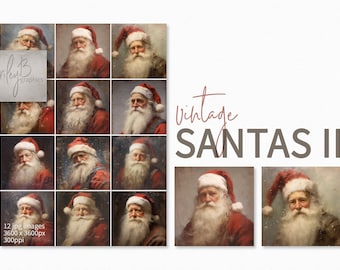 Puede incluir: Una colección de retratos vintage de Papá Noel. Cada imagen presenta a Papá Noel con barba blanca, gorro y abrigo rojos. Las palabras "Vintage Santas II" se muestran, junto con el logotipo del vendedor y los detalles de la imagen.