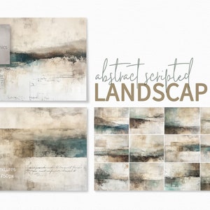 Paisajes abstractos con guiones, horizontes suaves y neutros, capas con texturas terrosas, detalles de escritura descolorida y acentos en gris topo y verde azulado apagados.