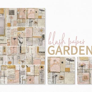 Jardin de papier rose poudré - Collage doux, couches pressées de plantes botaniques neutres, textures rose et ocre, fleurs dessinées à la main, détails de papier vintage