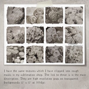 May include: A collage of 12 black and white images of various flowers, including roses, hydrangeas, and other blooms. The images are arranged in a grid pattern and have a vintage, distressed look.