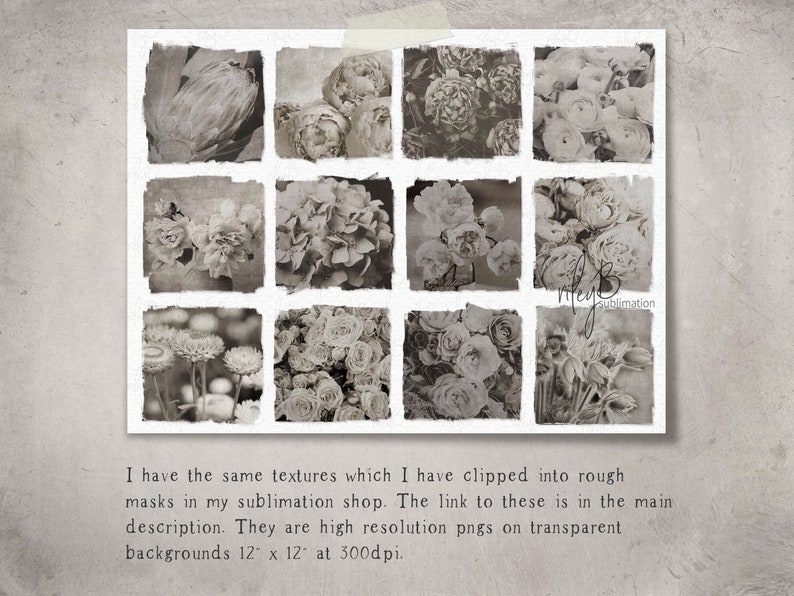 May include: A collage of 12 black and white images of various flowers, including roses, hydrangeas, and other blooms. The images are arranged in a grid pattern and have a vintage, distressed look.