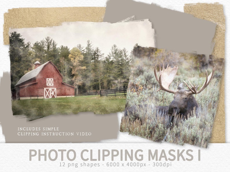 K&ouml;nnte beinhalten: Ein Set mit 12 digitalen Foto-Clipping-Masken, die eine rote Scheune in einem nebligen Wald und einen Elch auf einer Wiese mit hohem Gras zeigen. Die Masken sind 6000 x 4000 Pixel gro&szlig; und haben eine Aufl&ouml;sung von 300 dpi. Enth&auml;lt ein einfaches Video mit Anweisungen zum Clipping.