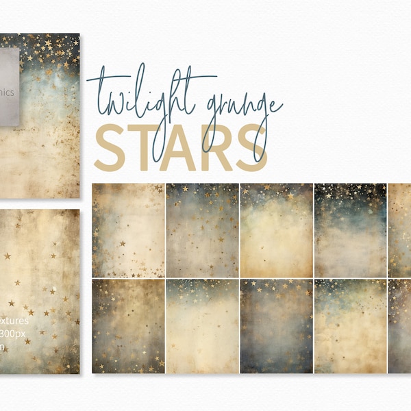 Twilight Grunge Stars Paintings - Junk Journal Stars - Night Sky Paintings - Twilight Sky Paintings - Printable Stars Background Paper