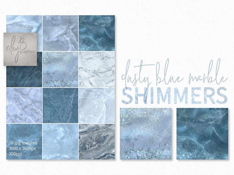 May include: 16 digital paper textures featuring dusty blue marble with silver glitter. Each texture is 3600 x 3600 pixels, 300 dpi.