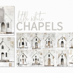 Puede incluir: Un conjunto de 10 impresiones de arte digital que presentan capillas blancas rústicas con un aspecto desgastado y vintage. Las impresiones son perfectas para agregar un toque de encanto de granja a la decoración de tu hogar.