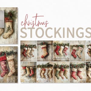 Christmas Stockings – Vintage Holiday Mantel Art – Red and Gold Festive Stockings – Rustic Christmas Hanging Stocking Illustration