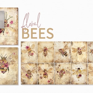 Pinturas de abelhas florais - Junk Journal Bees - Pinturas texturizadas de abelhas florais sujas - Pinturas de abelhas floridas - Roteiro para impressão e papel de abelha