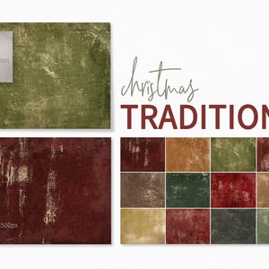 Puede incluir: Doce texturas de papel digital en colores rojo, verde, marrón y beige. Las texturas tienen un aspecto desgastado y vintage. El texto "Christmas Traditions" está en la parte superior de la imagen.