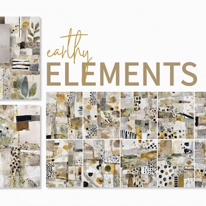 Elementi terrosi – Texture di collage neutri astratti – Segni rustici in ocra e nero – Strati di tecniche miste – Griglie naturali moderne