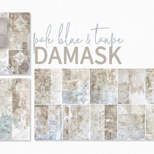 Damascos azul pálido y gris topo, texturas de papel tapiz desgastadas, patrones ornamentales desgastados, capas vintage descoloridas en tonos neutros fríos