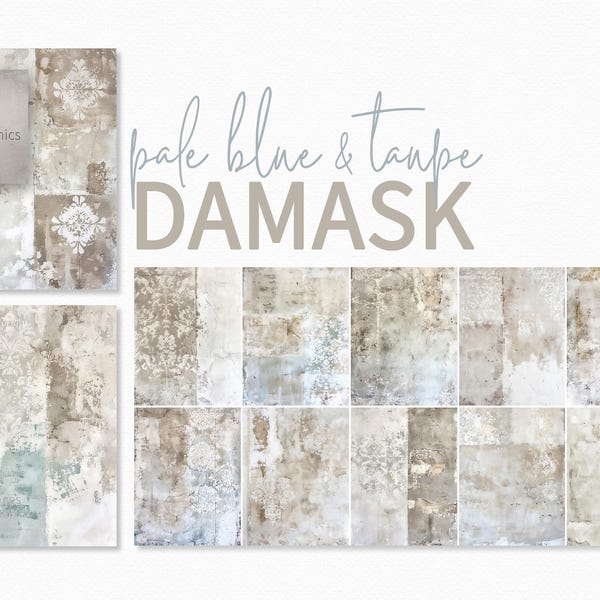 Pale Blue and Taupe Damasks – Weathered Wallpaper Textures – Distressed Ornate Patterns – Faded Vintage Layers in Cool Neutrals