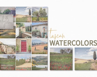 Toscaanse aquarellen – Italiaanse plattelandskunstafdrukken – rustieke Italiaanse dorpslandschappen – cipressen – papavervelden – Toscaanse boerderij
