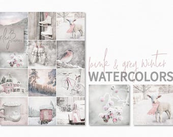May include: A digital collage of watercolor illustrations featuring winter scenes in shades of pink and gray. The images include a house, a bicycle, a bird, a cup of hot chocolate, a lamb, and a snowy forest.