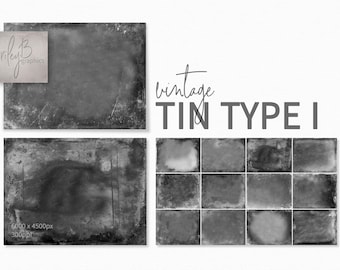 May include: A set of 12 vintage tin type textures in black and white. The textures are in a grid pattern and have a distressed, aged look. The text "vintage TIN TYPE I" is at the top of the image.