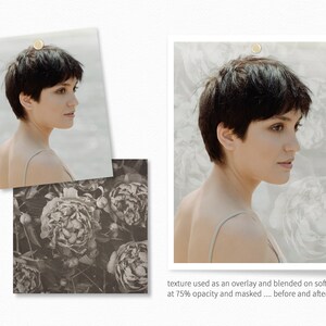 May include: Before and after image showing a woman with short dark hair. A floral texture overlay is blended on the image on the right, creating a soft light effect.