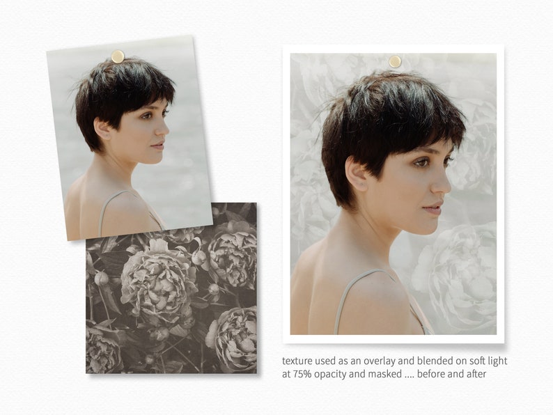 May include: Before and after image showing a woman with short dark hair. A floral texture overlay is blended on the image on the right, creating a soft light effect.
